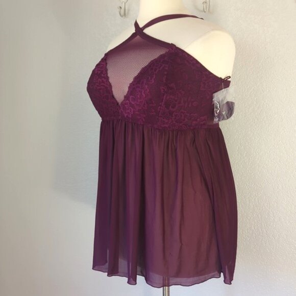 🌷Torrid 2X Chemise Babydoll High Neck Mesh Lace Berry Purple - Picture 2 of 4
